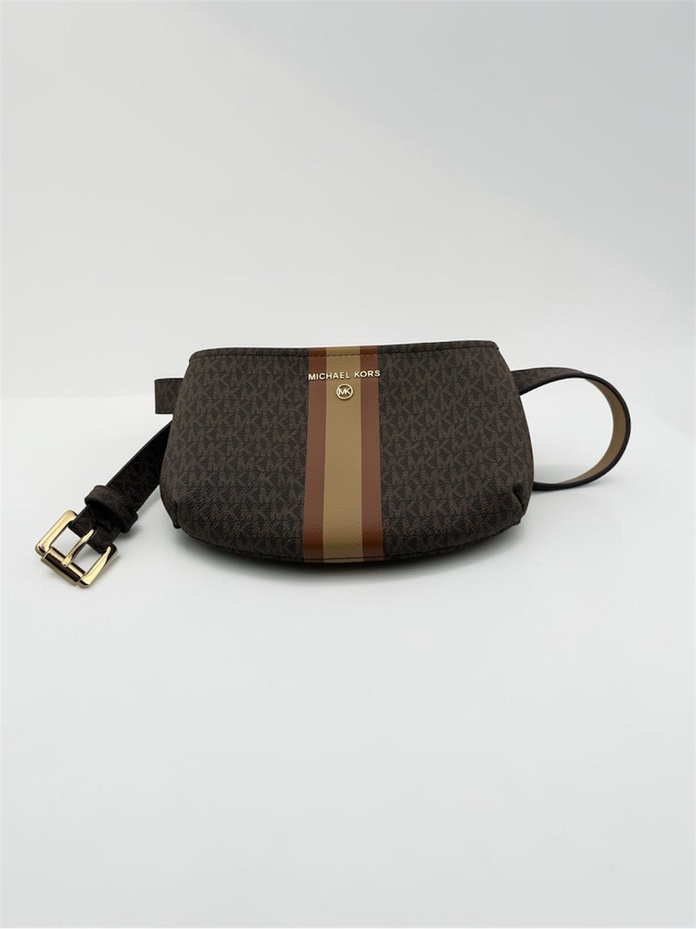 Michael Kors Dark Brown Monogram Belt Bag with Tan and Rust Stripes